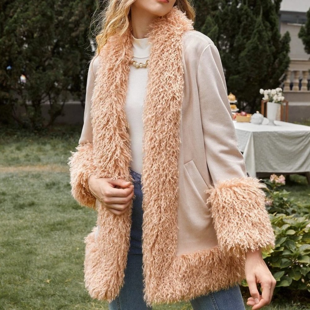 boho faux fur faux leather edge detailing coat jacket - Picture 7 of 12